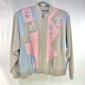 Vintage Joyce Petite 1980s pink, blue and beige zippered geometric top medium